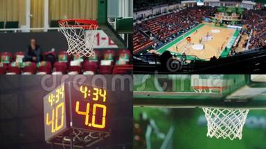 在一场篮球比赛中。 有数字、篮球圈和场地的运动记分牌